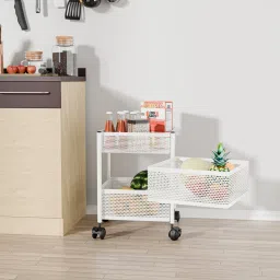 2+1 Layer Kitchen Metal Storage Rack with Wheels | Square Shape - White Iron Kitchen Trolley-68