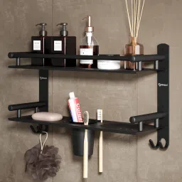 2 Tier Bathroom Shelf with Double Soap Dish and Tumbler Black Matt Finish Black Matte Towel Holder-image-109