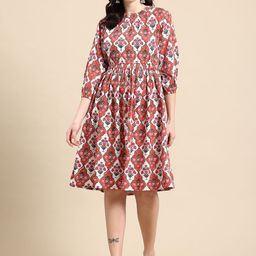 metronaut Women Fit and Flare Red, Multicolor Knee Length Dress-picture-1