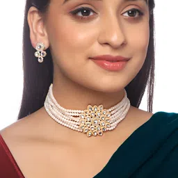 Yellow Chimes Gold-Plated Peach-Coloured & White Kundan Studded & Beaded Layered Jewellery Set-picture-18