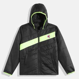 Allen Solly Junior Boys Black & Fluorescent Green Striped Hooded Padded Jacket-picture-38
