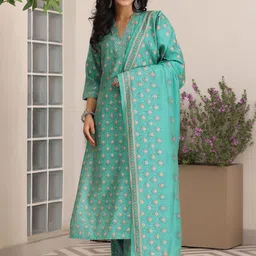 Libas Floral Printed V-Neck Straight Kurta With Trousers & Dupatta-image-83