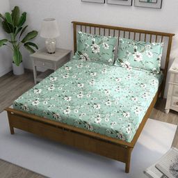SWAYAM Ananda Green Printed Pure Cotton 210 TC Fitted Queen Bedsheet Set 1.98 x 1.82m-23