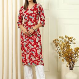 THE FAB FACTORY Floral Printed V-Neck Straight Kurta-image-52