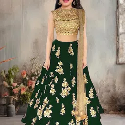 F Plus Fashion Girls Green Net Semi-Stitched Lehenga Choli-image-89