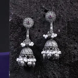 Sangria White Silver-Plated Artificial Pearls Beaded Dome Shaped Oxidised Jhumkas-11