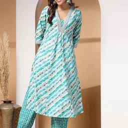 House Of Zelena Women Printed Regular Mirror Work Kurta with Pyjamas-picture-1