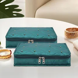 Aura Green 2 Pieces Checked Satin Jewellery Organisers-17