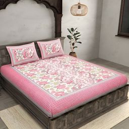 Bombay Spreads Pink & Off White Floral 180 TC King Bedsheet-image-85