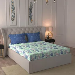 MYTRIDENT Dusk and Dawn Blue & Green Floral Cotton Queen Bedsheet with 2 Pillow Covers-image-85
