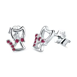 DEVASHREE 925 Sterling Silver Rhodium-Plated Ruby Cubic Zirconia Studded Cat Shaped Studs image 4