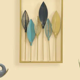 vedas Gold Toned & Blue Curve Leaf Metal Wall Decor-image-22