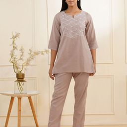 zuri Taupe Women Floral Embroidered Round Neck Cotton Kurta With Trousers-image-13