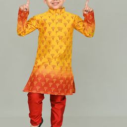 AHLAN APPARELS Boys Ethnic Motifs Printed Mandarin Collar Dupion Silk Kurta with Pyjamas-75
