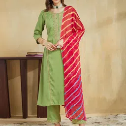 SKYLEE Women Ethnic Motifs Embroidered Regular Sequinned Kurta with Trousers & With Dupatta-image-25