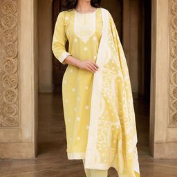 Skylee Pop Floral Woven Design Straight Kurta With Trousers & Dupatta-image-73