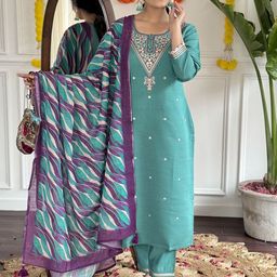 KALINI Floral Embroidered Thread Work Round Neck Straight Kurta with Trousers & Dupatta-picture-3