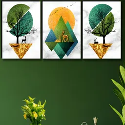Myntra Elegant Homes White & Green 3 Pieces Tree And Deer Printed Wall Arts-4