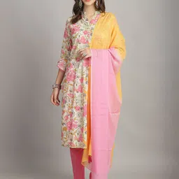 Rajnandini Printed Pure Cotton Mandarin Collar Straight Kurta With Trousers & Dupatta-image-22