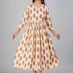 Indiwest Beige Floral Printed Flared A-Line Rayon Kurta-image-15