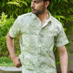 Mast & Harbour Chevron Printed Spread Collar Cotton Shirt-image-41