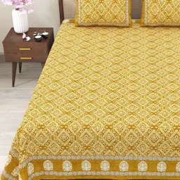 Myntra Elegant Homes Yellow Cotton Floral Print King Size Bedsheet With 2 Pillow Cover-picture-15