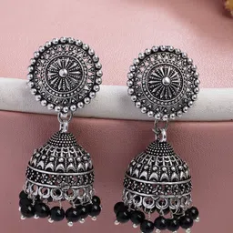 NVR Women Oxidised Silver Plated Black Artificial Beads Jhumka Earrings-43