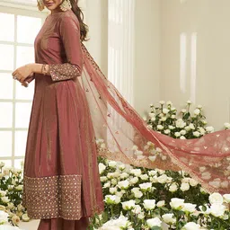 Inddus Floral Yoke Design Sequinned Anarkali Kurta With Palazzos & Dupatta image 5