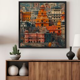 999Store Orange Colored & Grey Buildings Printed Canvas Wall Art-3
