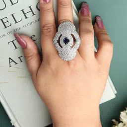 DIVASTRI Women Rhodium-Plated White & Blue CZ Studded American Diamond Adjustable Ring-picture-32