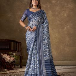 HERE&NOW Ajrak Print Cotton Chanderi Saree With Unstitched Blouse Piece-picture-19