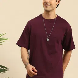 Mast & Harbour Maroon Drop-Shoulder Sleeves Anti Odour Pure Cotton Oversized Tshirt-image-101