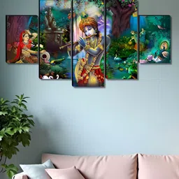 Aura Green & Red 5 Pieces Wooden Radha Krishna Religious Wall Art-53