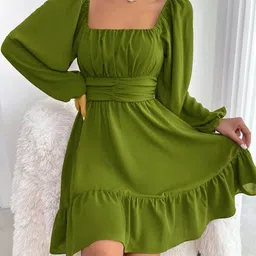 X FASHION GALLRY Puff Sleeve Crepe Fit & Flare Dress-picture-29