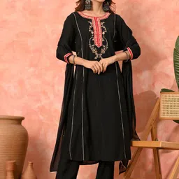 Sangria Women Solid Embroidered Kurta with Trousers & Dupatta-picture-12