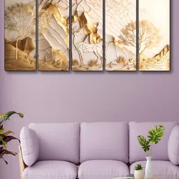 Livin'luxe Cream-Coloured & Gold-Toned 5 Pieces Deer Mountain Printed Canvas Wall Arts-image-17