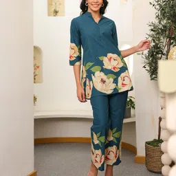 JISORA Floral Printed Pure Cotton Mandarin Collar Pure Cotton Tunic With Trouser-image-99