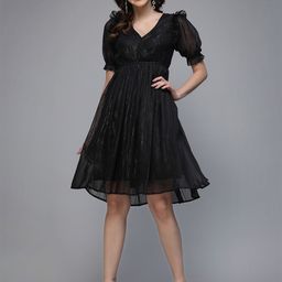 Fabway Clothing Embellished Puff Sleeve Georgette Fit & Flare Dress-picture-42