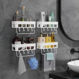 Pack Of (4 Bathroom Shelves +4 Towel Hanger +16 Hooks Plastic Wall Shelf-image-65