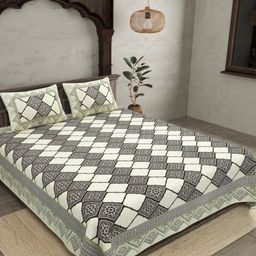 JAIPUR FABRIC Grey & Green Ethnic Motifs 180 TC King Bedsheet with 2 Pillow Covers-picture-3