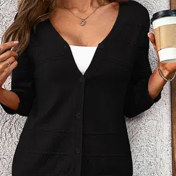 StyleCast x Revolte Women Solid Round Neck Front Open Sweaters-picture-21