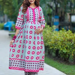 Aujjessa Ethnic Motifs Printed Regular Pure Cotton Anarkali Maternity Kurta with Trousers-picture-13