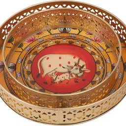 two moustaches Kamdhenu Cow & Calf with Lotus Design Serving Trays Set (8 Inches & 10 Inches) Tray Serving Set image 4