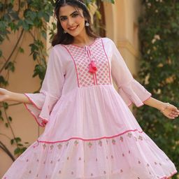 SCAKHI Pink Cotton Mulmul Embroidered Midi Dress-image-62