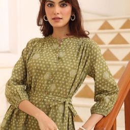 Janasya Floral Print Puff Sleeve A-Line Midi Dress-image-88