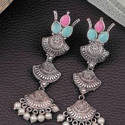 OPUS GEMS Artificial Stones Studded And Beaded Crescent Shaped Oxidised Drop Earrings-image-58