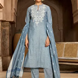 WOMEN PLUS Women Ethnic Motifs Embroidered Cotton Kurta with Trousers & Dupatta-picture-14