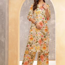 PHYSIL Floral Printed V-Neck Pure Cotton Kurta With Trousers-image-102