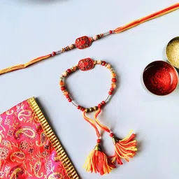 Red and Yellow Bracelet Rakhi Set for Bhaiya Bhabhi Traditional Handmade Set of 2 pcs Rakhi and Lumba for Brother and Sister in Law-8
