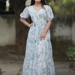 Suha Women Floral Printed Puff Sleeve V-Neck Fit & Flare Knee Length Dress-picture-19